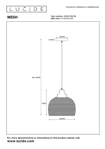 Lucide MESH - Pendant light - Ø 28 cm - 1xE27 - Black - technical